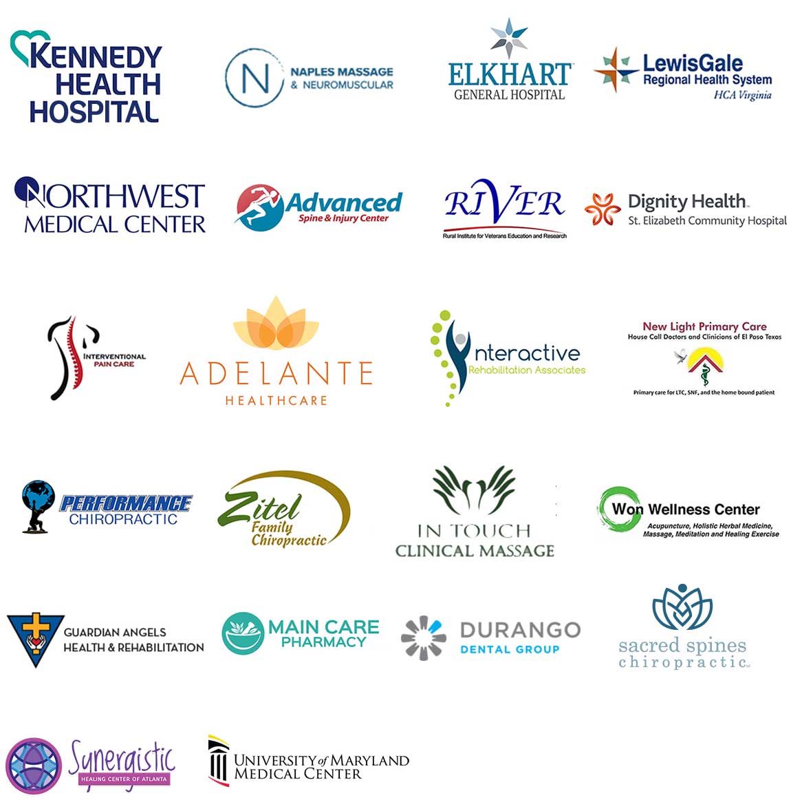 kennedy health hospital, naples massage & neuromuscular, elkhart general hospital, 
							lewisgale regional health system, northwest medical center, Advanced spine & injury center, river, diginity health st.elizabith community hospital,...